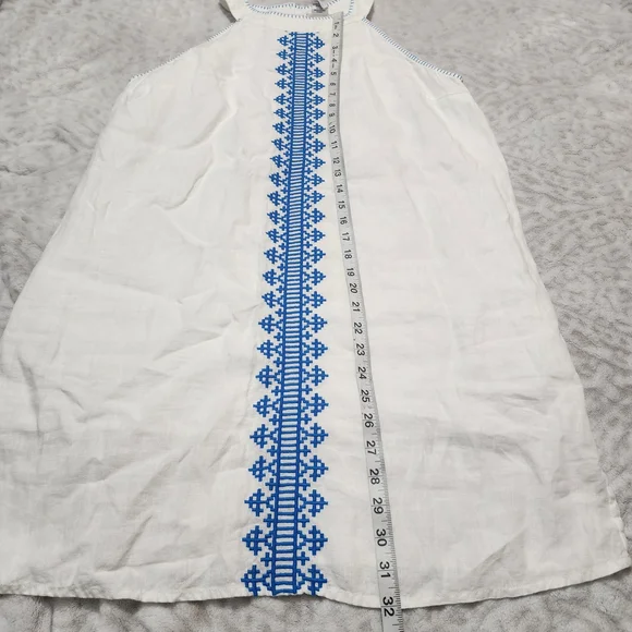 Lucky Brand 100% Linen Halter Dress Size M Embroidered White And Blue - Picture 13 of 16